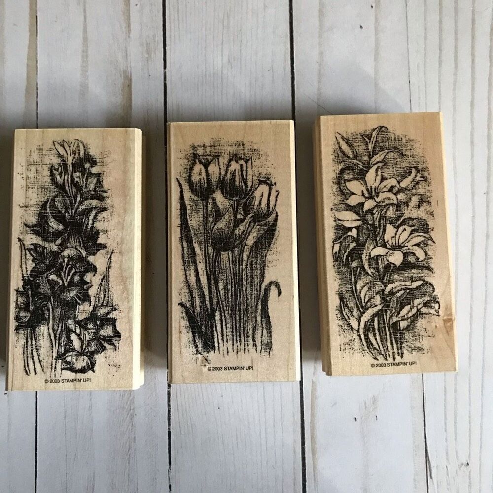 Stampin up Early Spring wood mounted rubber stamps set of 3 Large Tulips flowers - Picture 2 of 3